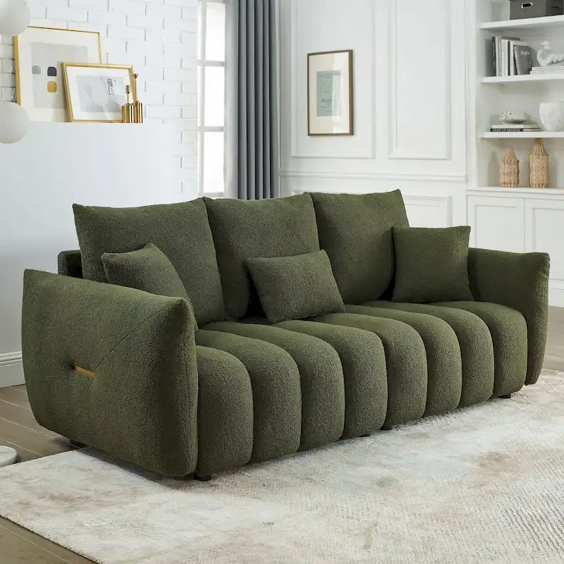 Green Teddy Upholstered 3-Seater Sofa with Back Pillows and Solid Wood Frame