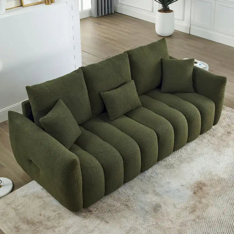 Green Teddy Upholstered 3-Seater Sofa with Back Pillows and Solid Wood Frame