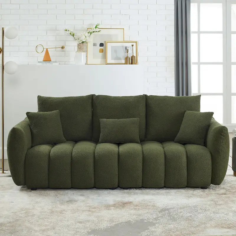 Green Teddy Upholstered 3-Seater Sofa with Back Pillows and Solid Wood Frame