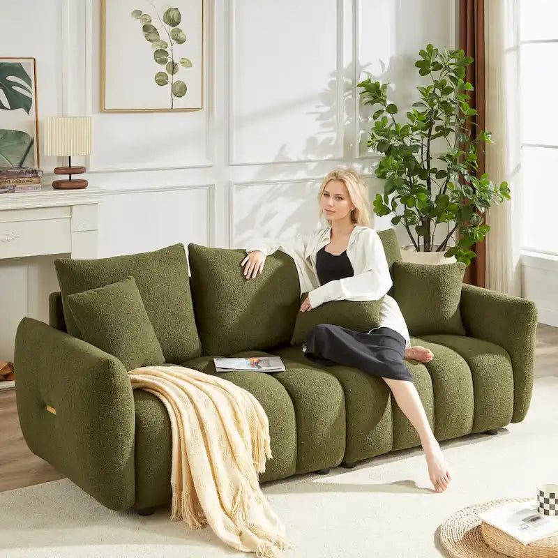 Green Teddy Upholstered 3-Seater Sofa with Back Pillows and Solid Wood Frame