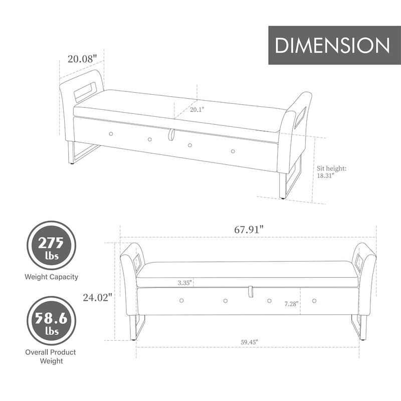 67.91" Wide Velvet Storage Bench with Armrests