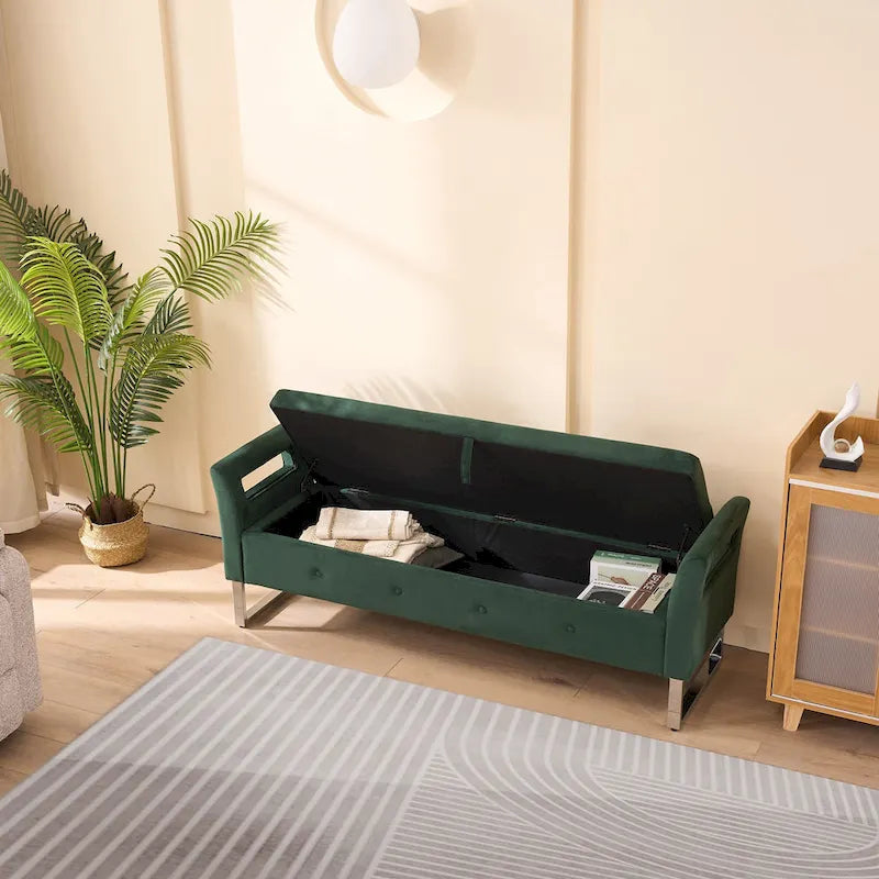 67.91" Wide Velvet Storage Bench with Armrests