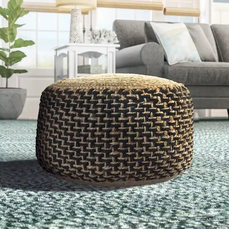 18" Brown and Black Braided Round Pouf Ottoman