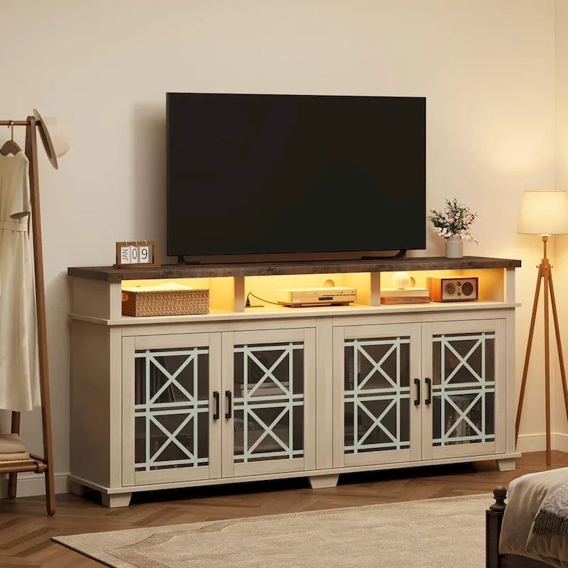 TV Stand for 80 Inch, Mid-Century Modern Entertainment Center with LED Lights and Storage