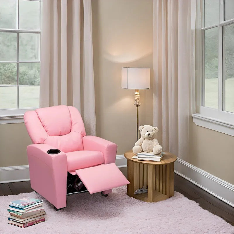 Kids Push Back Recliner Chair with Footrest and Cup Holder