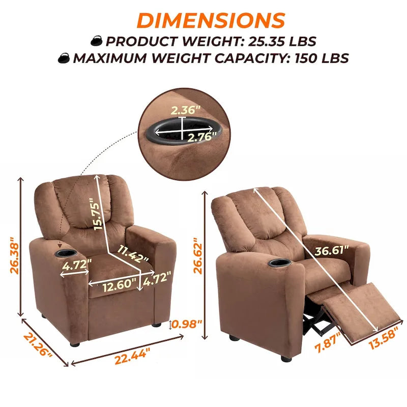 Kids Push Back Recliner Chair with Footrest and Cup Holder