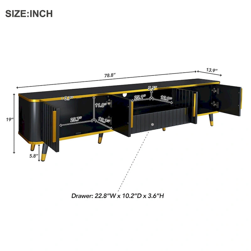 TV Stand Storage Cabinet with Golden Accents - 13.90 x 78.80 x 19.00