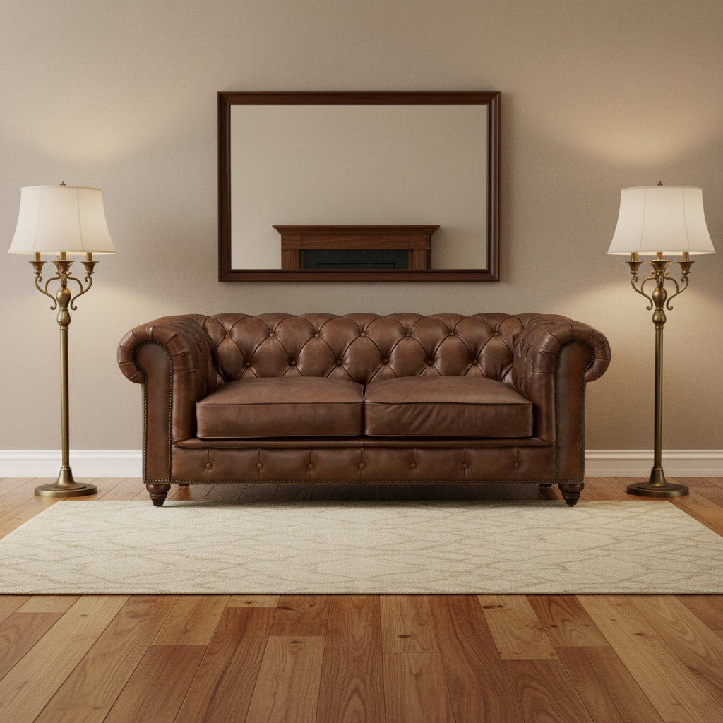 Chesterfield Love Seat - Light Chestnut Leather