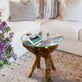 Chic Teak Rustic Teak Wood Root Side Table with 24 Inch Round Glass Top