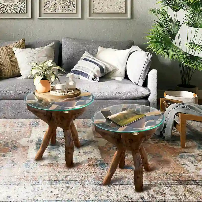 Rustic Teak Wood Root Side Table with 24 Inch Round Glass Top