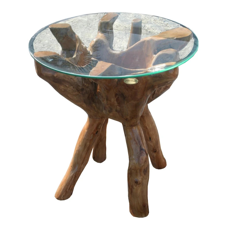 Rustic Teak Wood Root Side Table with 24 Inch Round Glass Top