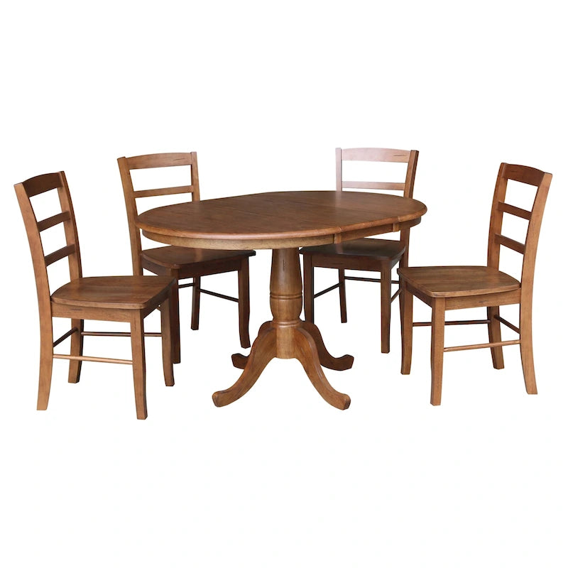 36" Round Top Pedestal Extension Dining Table with 12" Leaf and 4 Chairs