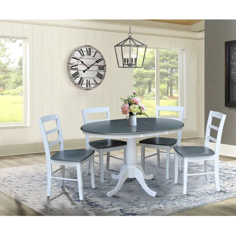 36" Round Top Pedestal Extension Dining Table with 12" Leaf and 4 Chairs