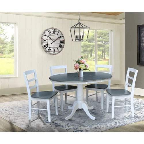 36" Round Top Pedestal Extension Dining Table with 12" Leaf and 4 Chairs