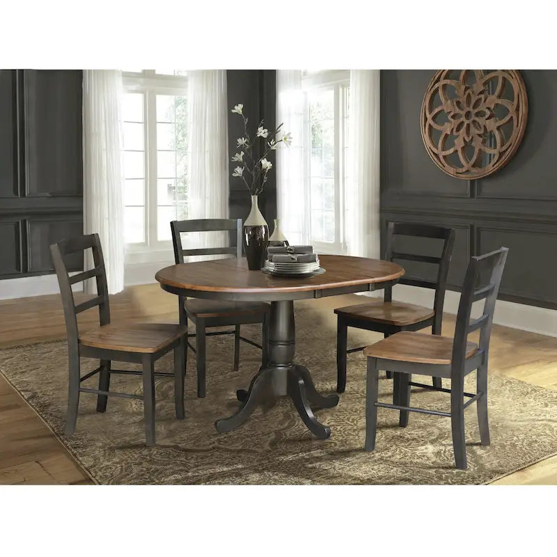 36" Round Top Pedestal Extension Dining Table with 12" Leaf and 4 Chairs