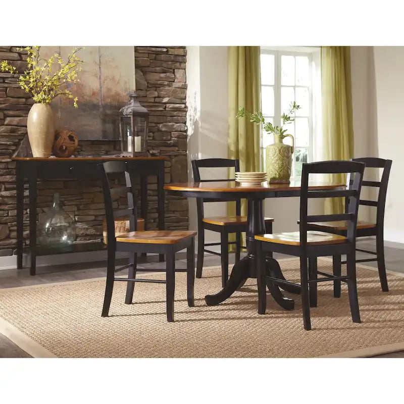 36" Round Top Pedestal Extension Dining Table with 12" Leaf and 4 Chairs