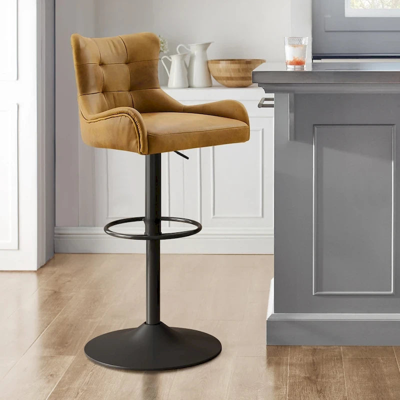 Genuine Leather Swivel Bar Stool with Adjustable Height