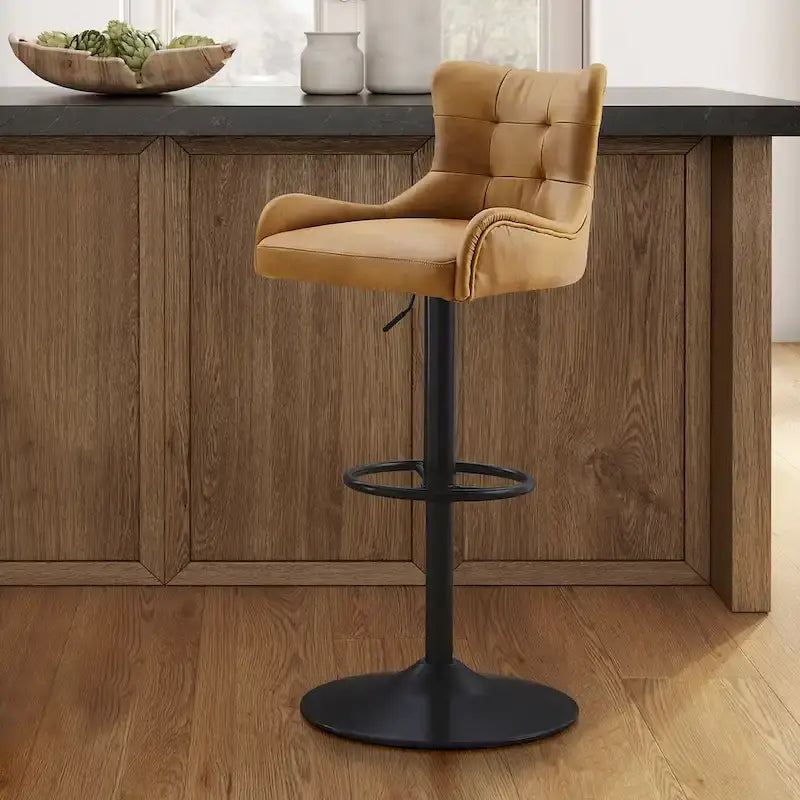 Genuine Leather Swivel Bar Stool with Adjustable Height