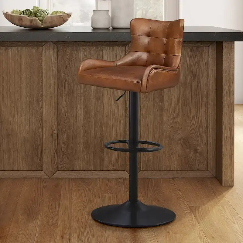 Genuine Leather Swivel Bar Stool with Adjustable Height