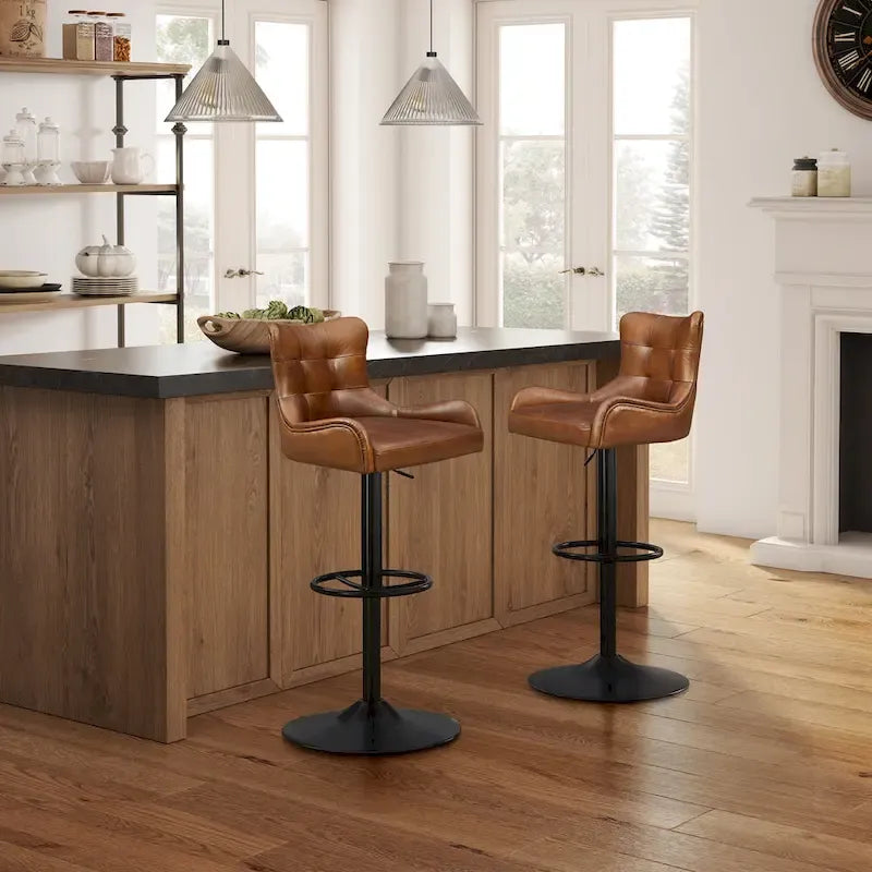 Genuine Leather Swivel Bar Stool with Adjustable Height