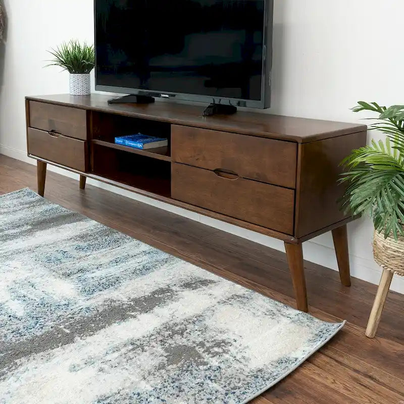 Mid Century Modern Walnut TV Console with 6 Storage Cabinets, Low Profile Entertainment Wood TV Stand