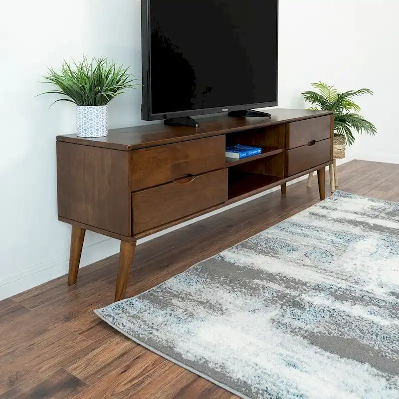 Mid Century Modern Walnut TV Console with 6 Storage Cabinets, Low Profile Entertainment Wood TV Stand