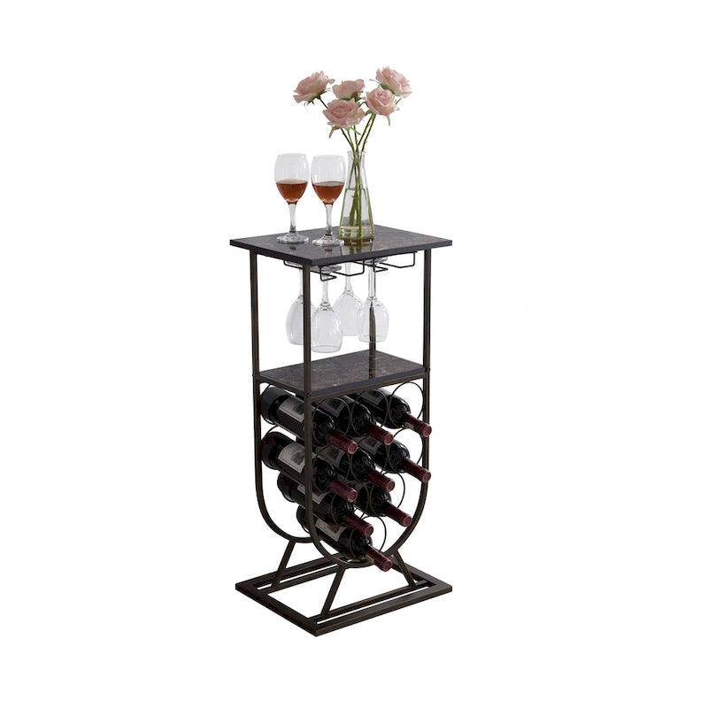 Freestanding Floor Wine Rack with Glass Holder – 9 Bottles, Pewter & Marble
