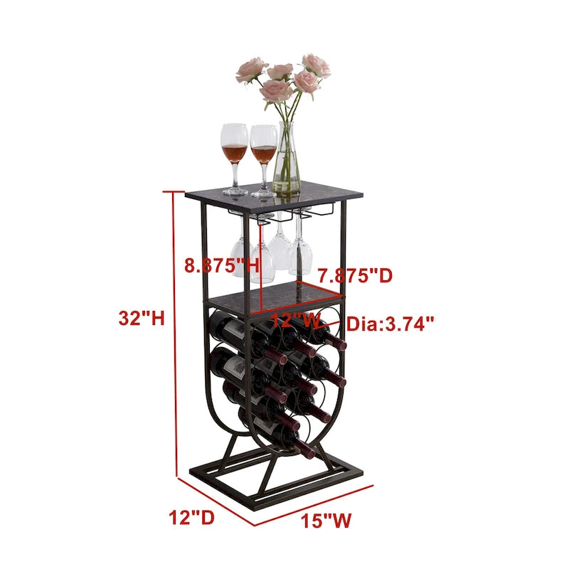 Freestanding Floor Wine Rack with Glass Holder – 9 Bottles, Pewter & Marble