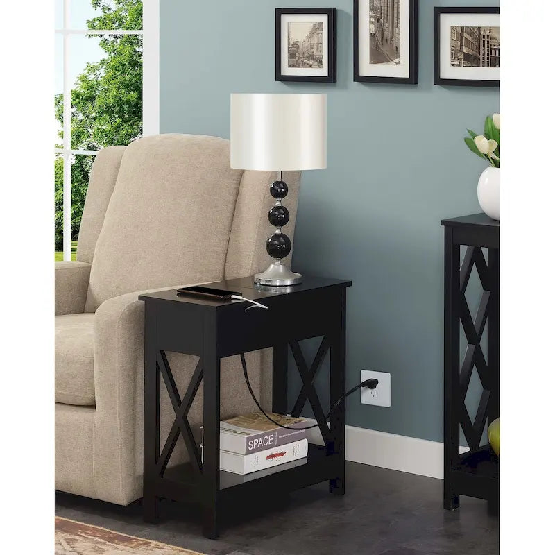 Flip Top End Table with Charging Station and Shelf