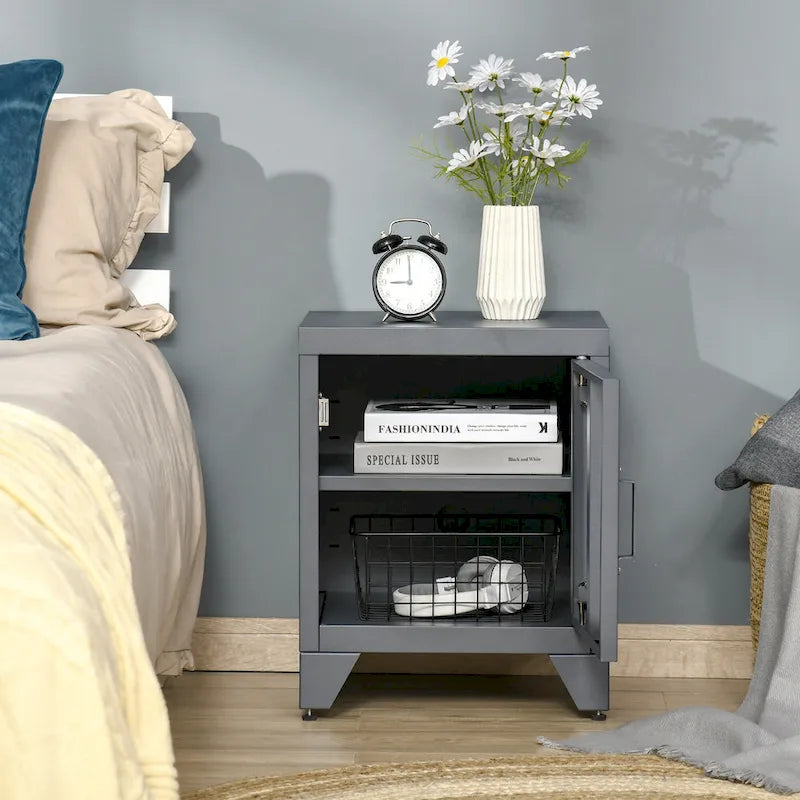 Industrial End Table, Living Room Side Table with Locker-Style Door and Adjustable Shelf - 15.75x15.75x19.75