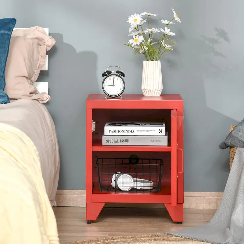 Industrial End Table, Living Room Side Table with Locker-Style Door and Adjustable Shelf - 15.75x15.75x19.75