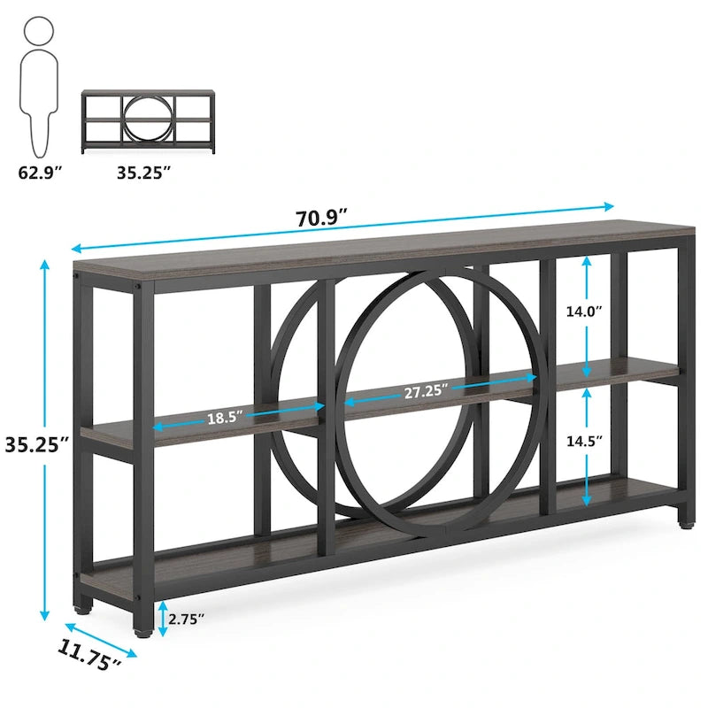 70.9" Extra Long Console Table with 3-Tier Wood Storage Shelves