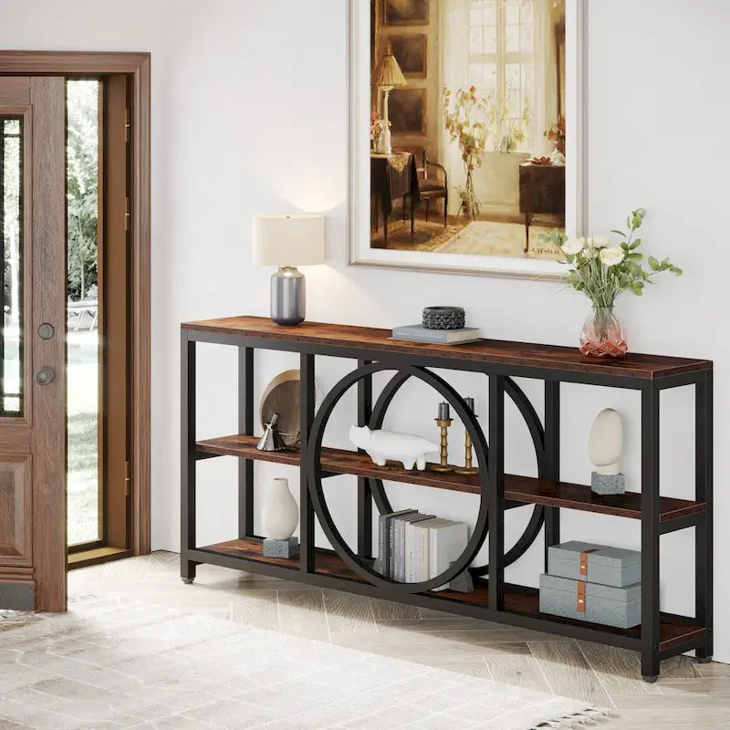 70.9" Extra Long Console Table with 3-Tier Wood Storage Shelves