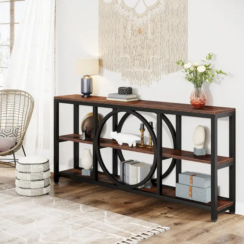 70.9" Extra Long Console Table with 3-Tier Wood Storage Shelves