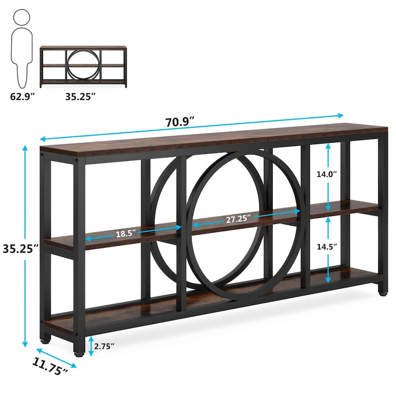 70.9" Extra Long Console Table with 3-Tier Wood Storage Shelves