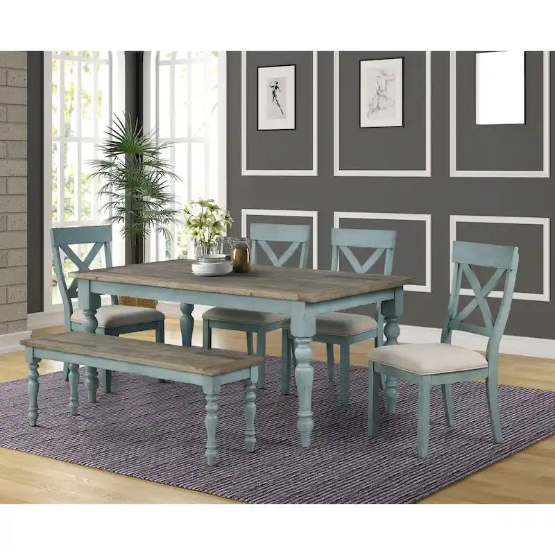 Blue and Brown Two-Tone Finish Wood Dining Table