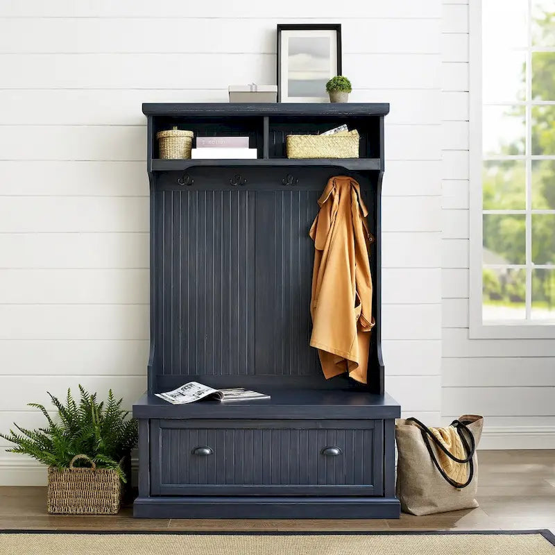 Hall Tree In Distressed Navy Finish