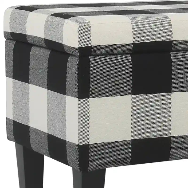 Checkered Pattern Fabric Upholstered Storage Bench, Large, Black and White
