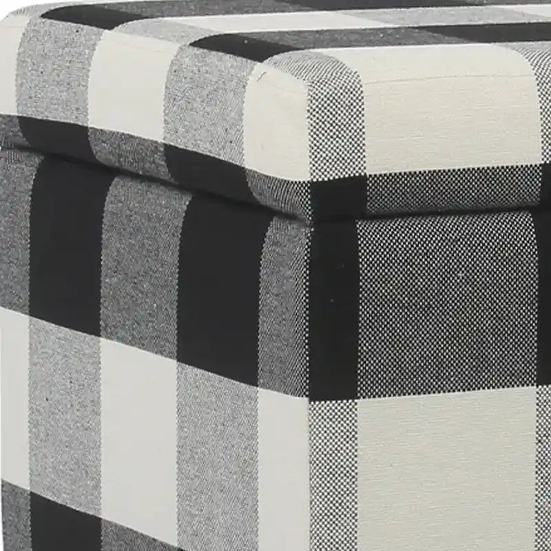 Checkered Pattern Fabric Upholstered Storage Bench, Large, Black and White