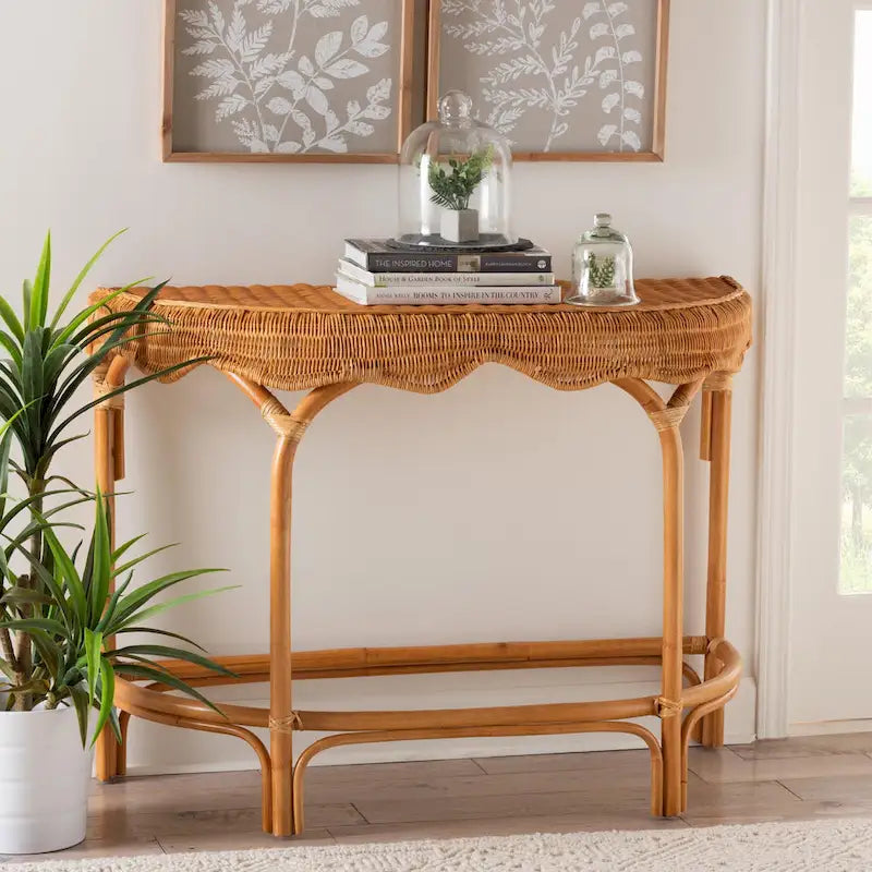 Modern Bohemian Natural Brown Rattan Console Table