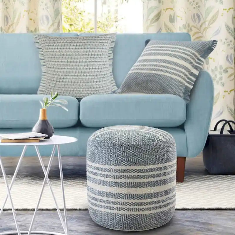 20 Blue and White Striped Round Pouf Ottoman