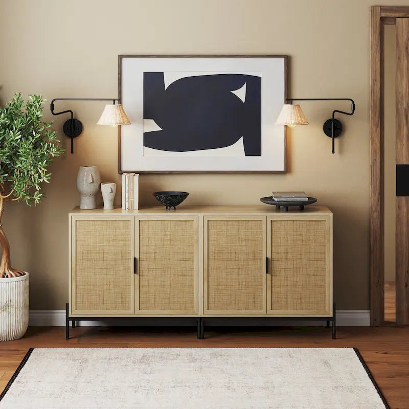 Bohemian Entryway Storage Cabinet | Kitchen Sideboard, TV Stand & Rattan Accent Cabinet with Metal Legs