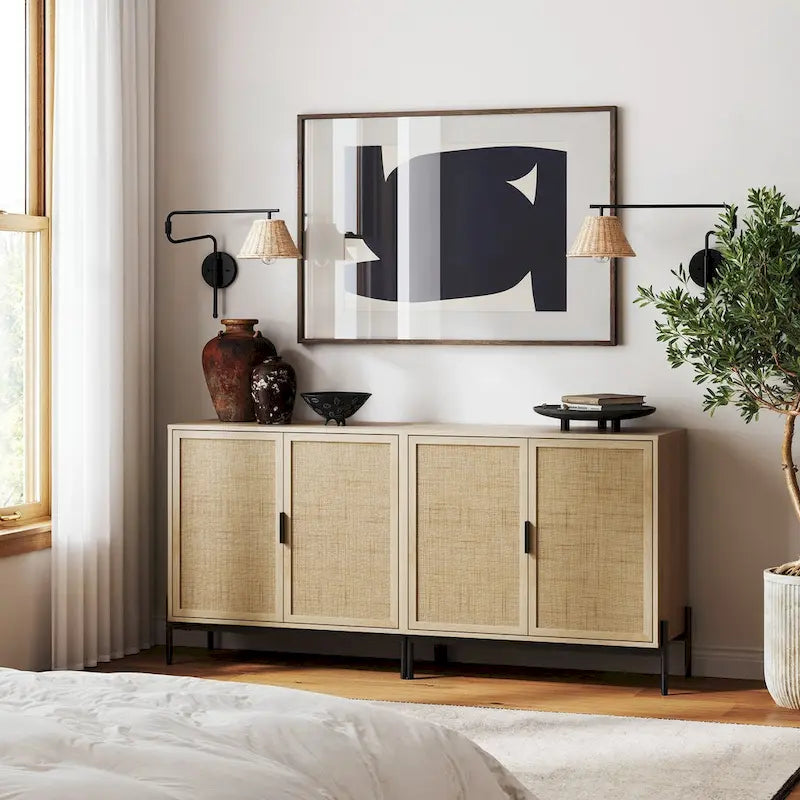 Bohemian Entryway Storage Cabinet | Kitchen Sideboard, TV Stand & Rattan Accent Cabinet with Metal Legs
