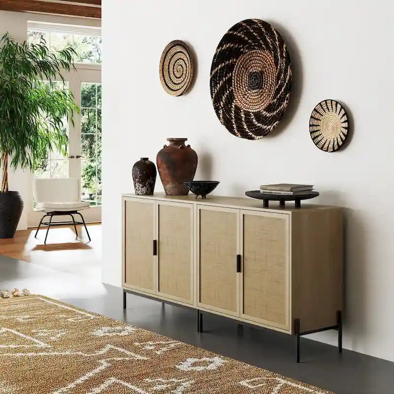 Bohemian Entryway Storage Cabinet | Kitchen Sideboard, TV Stand & Rattan Accent Cabinet with Metal Legs