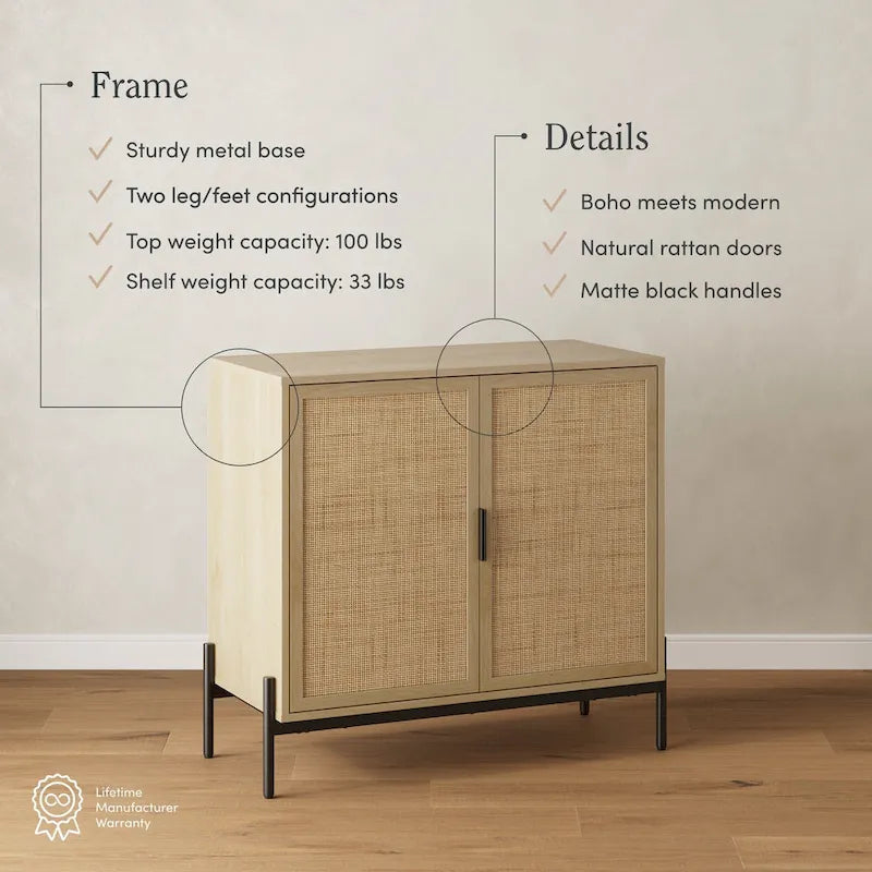 Bohemian Entryway Storage Cabinet | Kitchen Sideboard, TV Stand & Rattan Accent Cabinet with Metal Legs