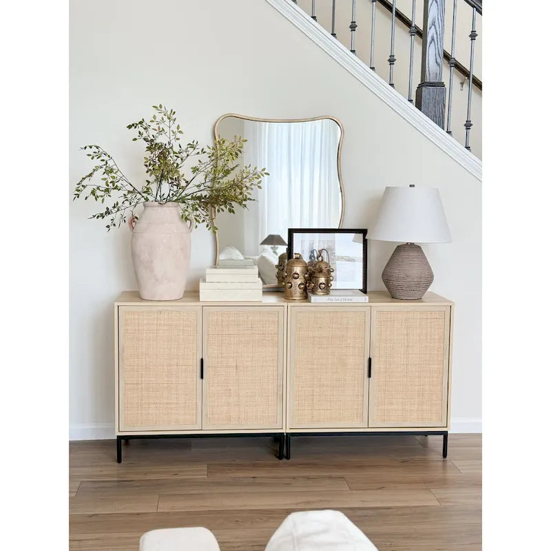 Bohemian Entryway Storage Cabinet | Kitchen Sideboard, TV Stand & Rattan Accent Cabinet with Metal Legs