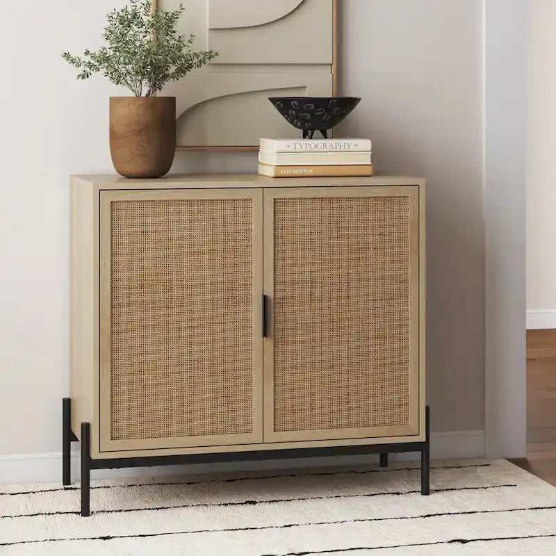 Bohemian Entryway Storage Cabinet | Kitchen Sideboard, TV Stand & Rattan Accent Cabinet with Metal Legs
