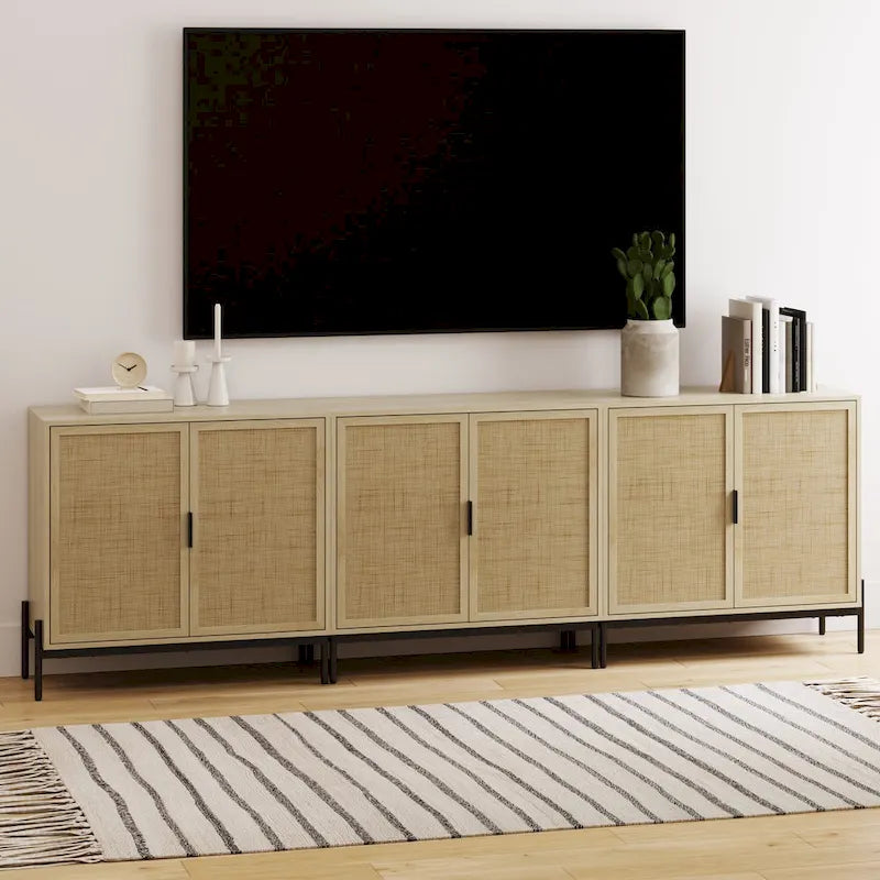 Bohemian Entryway Storage Cabinet | Kitchen Sideboard, TV Stand & Rattan Accent Cabinet with Metal Legs