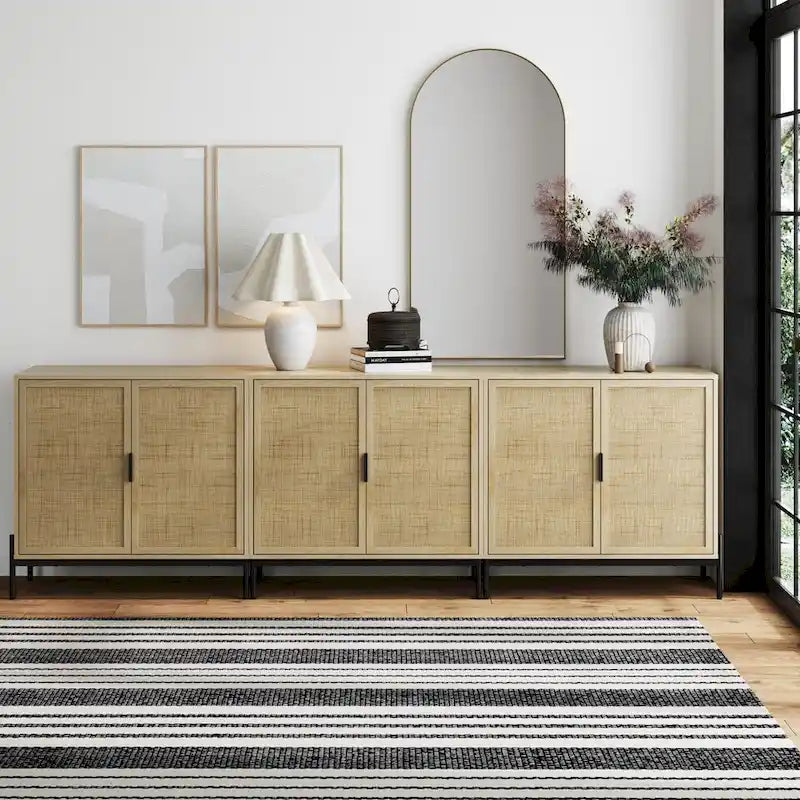 Bohemian Entryway Storage Cabinet | Kitchen Sideboard, TV Stand & Rattan Accent Cabinet with Metal Legs