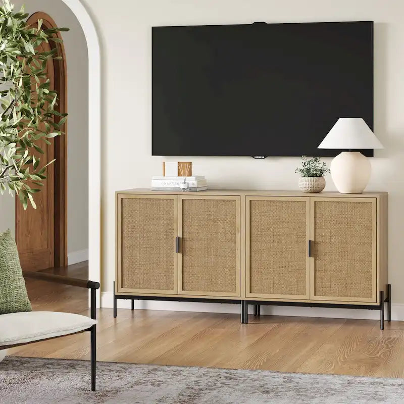 Bohemian Entryway Storage Cabinet | Kitchen Sideboard, TV Stand & Rattan Accent Cabinet with Metal Legs